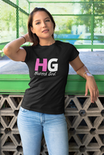 Load image into Gallery viewer, The Hübsch HG Tee is soft and lightweight, with the right amount of stretch. It has a bold HG Logo on the front in Pink and White.
