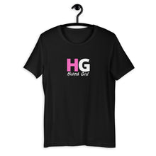 Load image into Gallery viewer, The Hübsch HG Tee is soft and lightweight, with the right amount of stretch. It has a bold HG Logo on the front in Pink and White.
